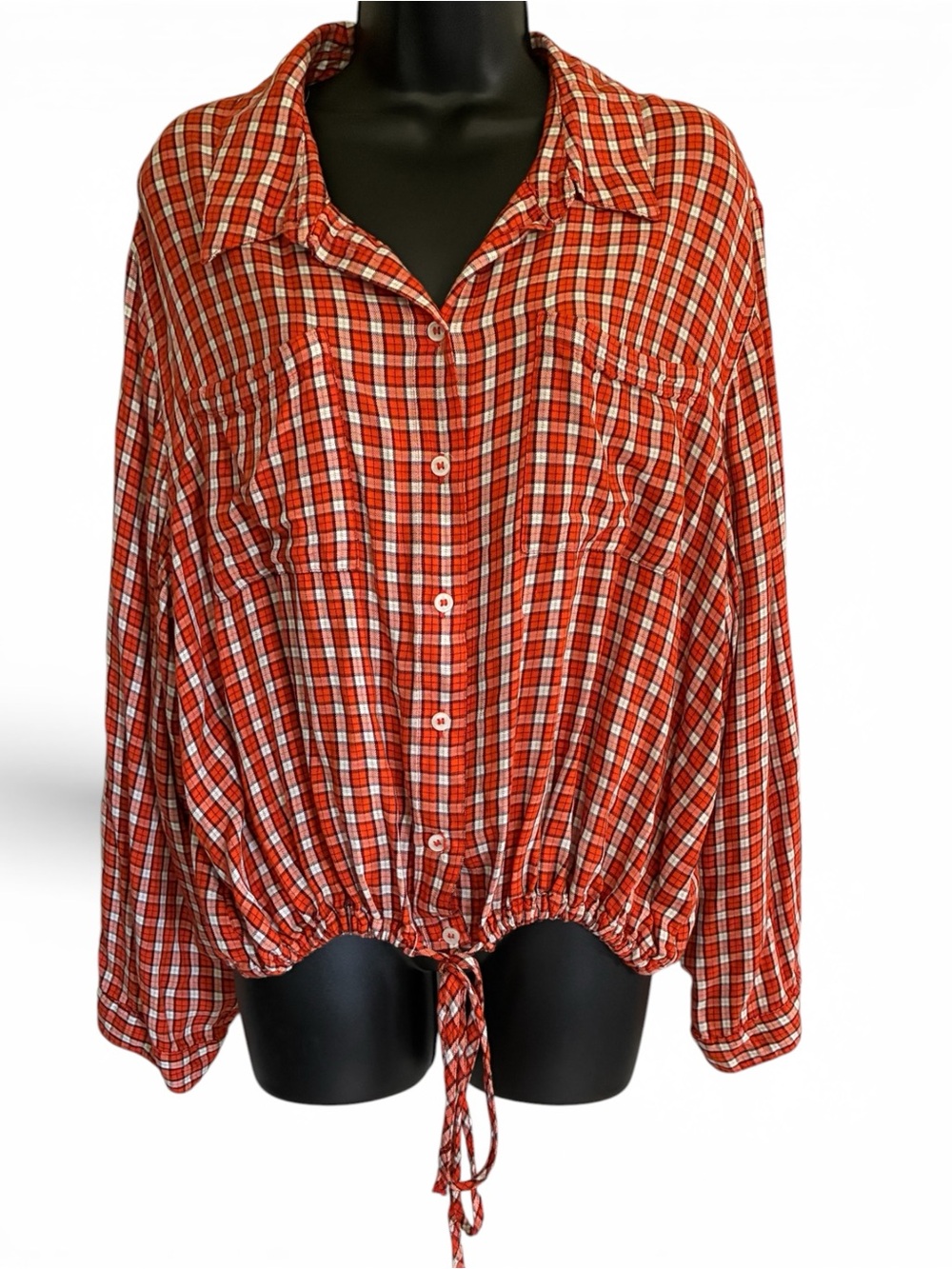 Lane Bryant Autumn Orange Gingham Cropped Plaid Tie Hem Top Size 22